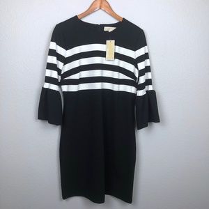 Michael Kors Yoke Stripe Dress | Womens L | Black White Stripes | ¾ Bell Sleeve